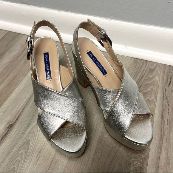 Stuart Weitzman Heels Women’s 5 Jerry Silver Leather Platform Sandals - Picture 2 of 6